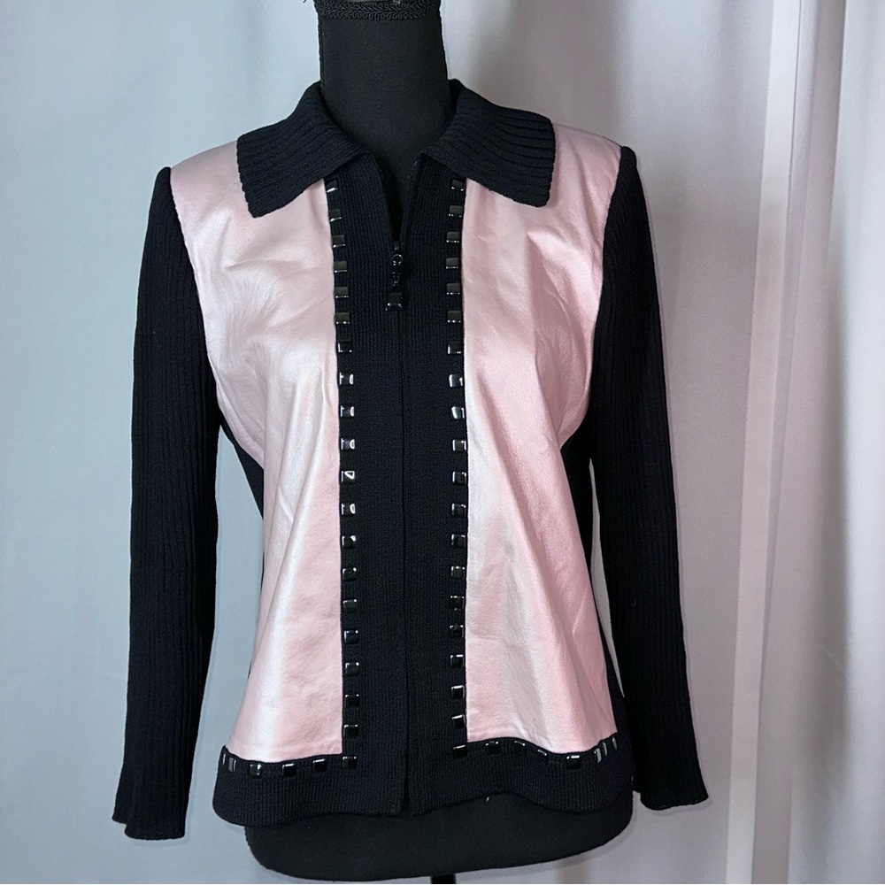 Vtg ST. JOHN Collection Marie Gray Jacket Lamb‎ Leather Knit Metal Stud Zip Sz 6